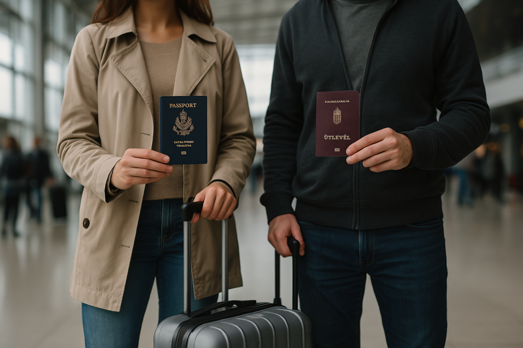 A woman holding a U.S. passport and a man holding a Hungarian passport at an airport, symbolising dual citizenship and the challenges raised by Hungary's proposed citizenship suspension law.