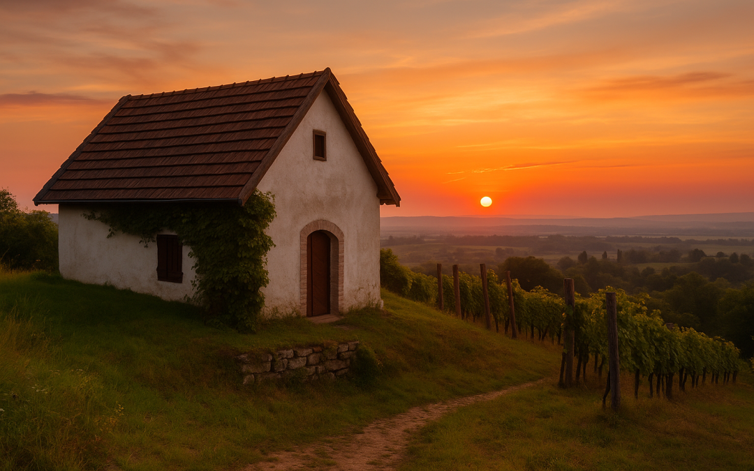 Hungarian press house on a hill during sunset in rural Hungary