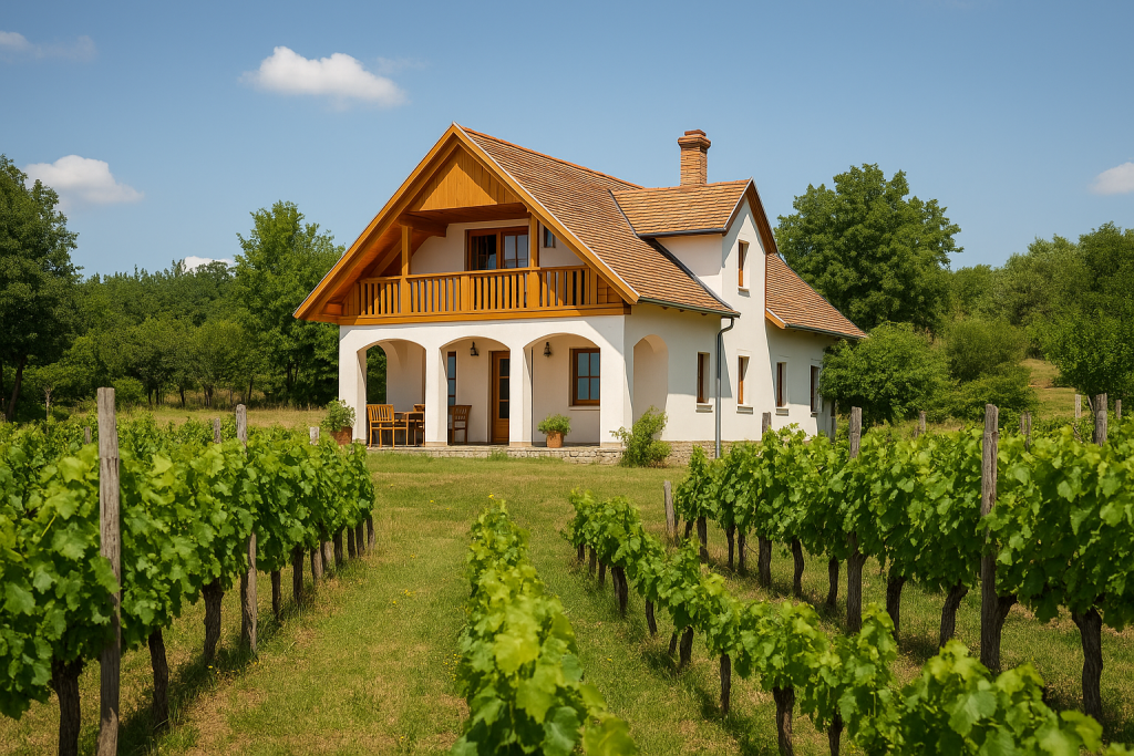 Modern Hungarian winehouse with terracotta roof and vineyard, set in the countryside on a sunny summer day.