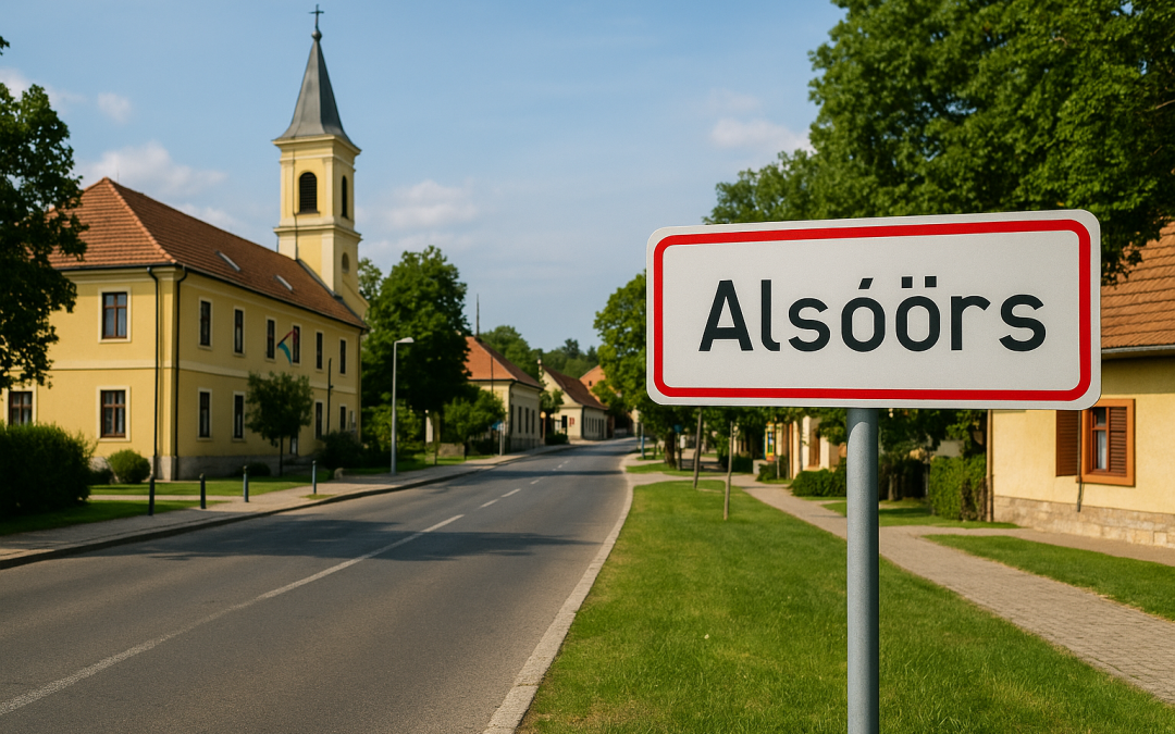 Alsóörs town entrance with village sign, main street, and church tower under clear blue summer sky in Hungary, showing the calm atmosphere of Lake Balaton region