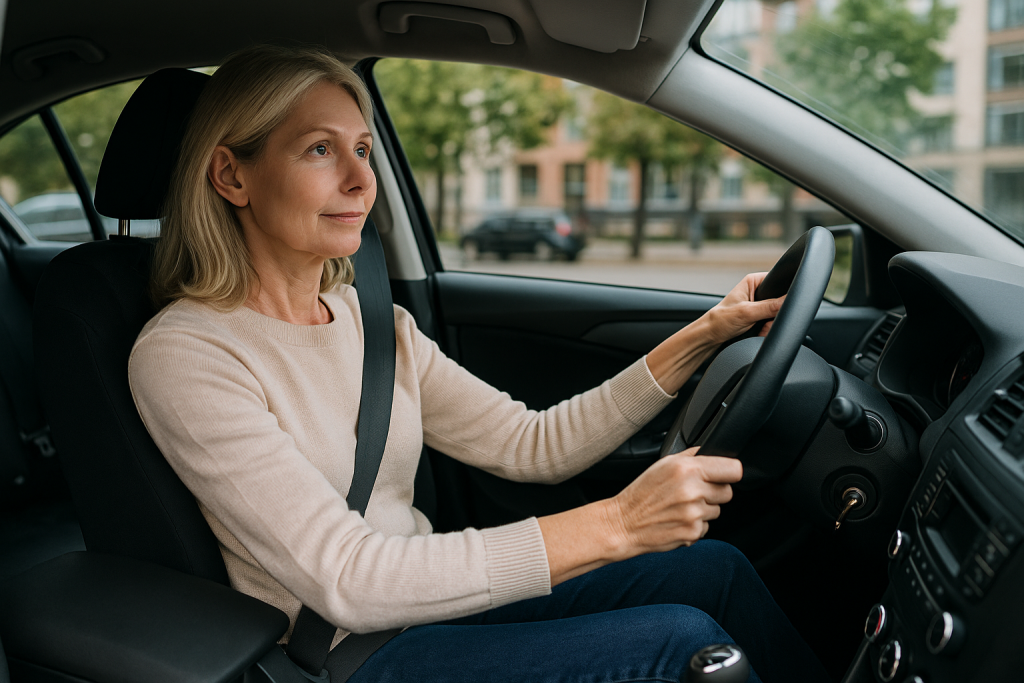 middle aged woman driving a car (re-testing in Hungary).