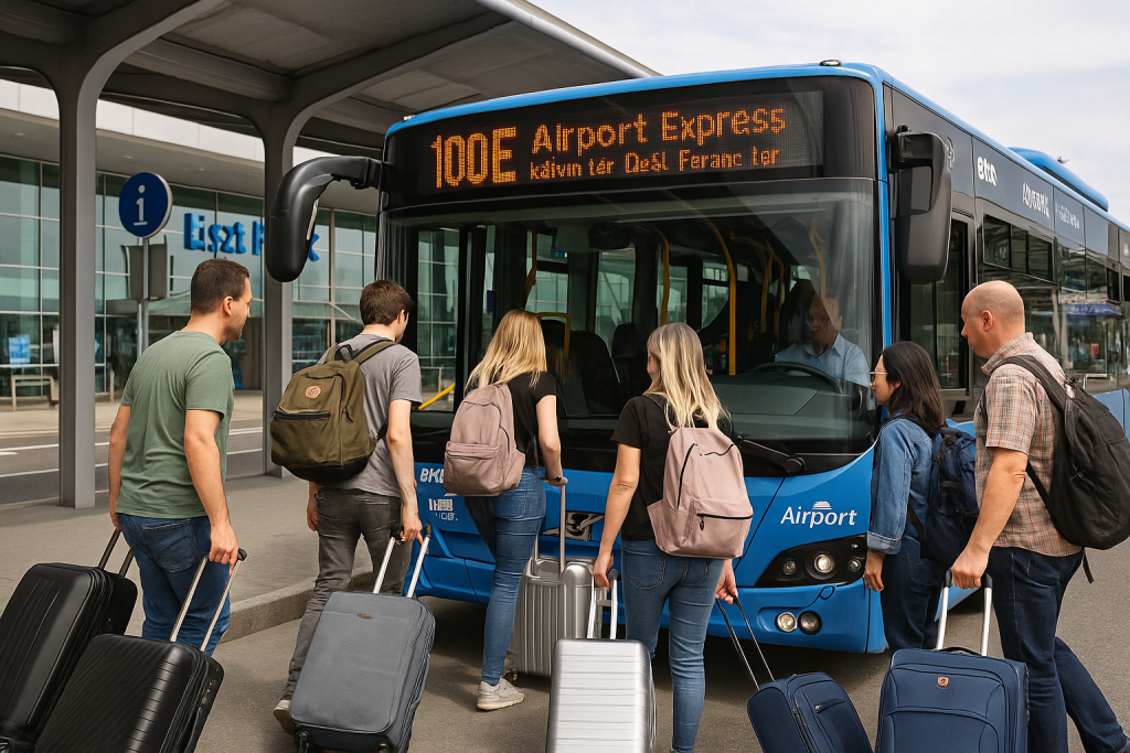 Passengers boarding the 100E bus at Budapest airport before the rail link.