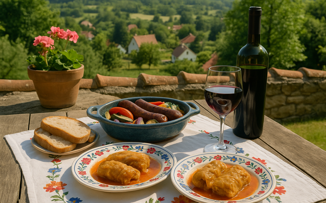Traditional Hungarian meal and wine set up on a terrace during Whit Monday long weekend