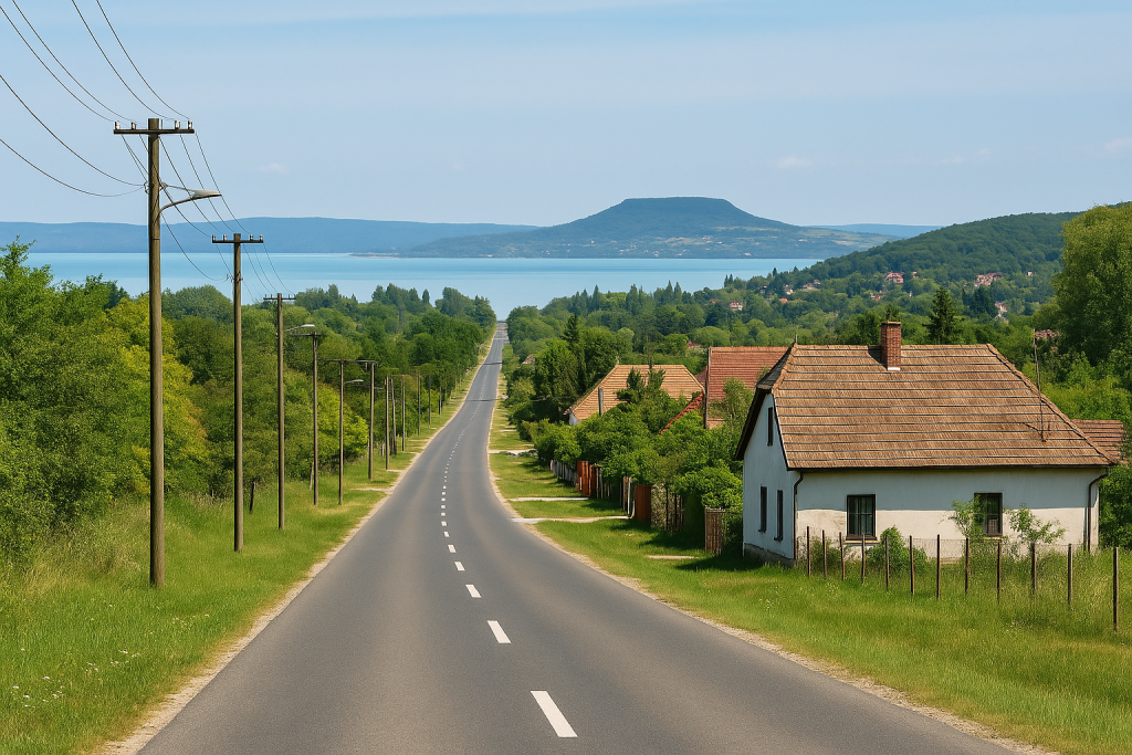 Empty road leading into a peaceful Hungarian village during Whit Monday with Lake Balaton in the background.