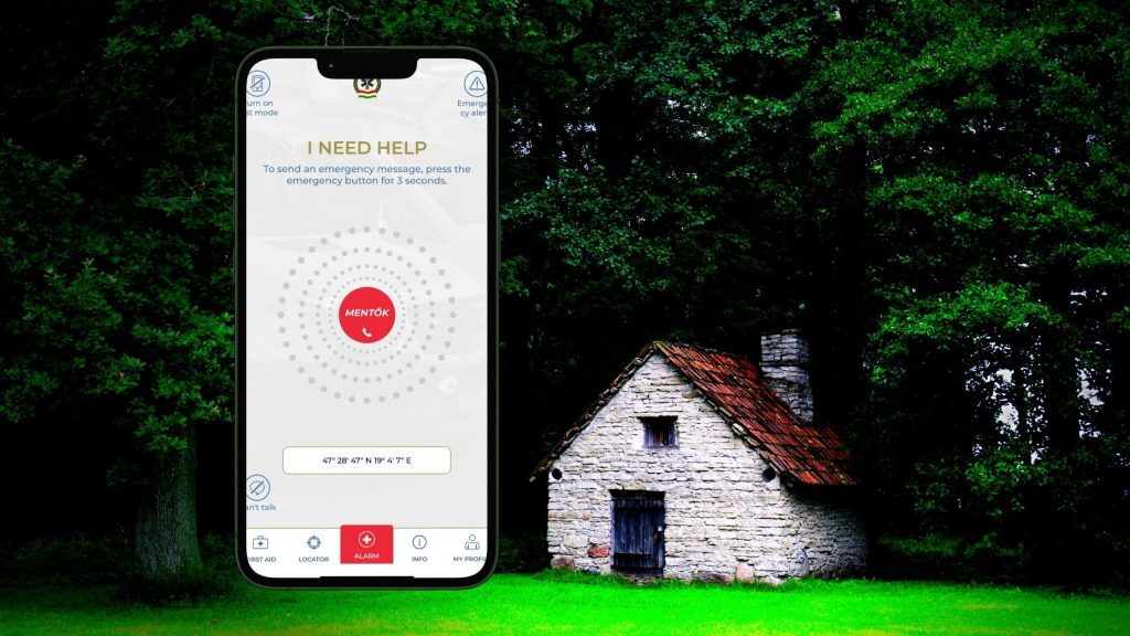 Életmentő app interface with emergency call and GPS location visible