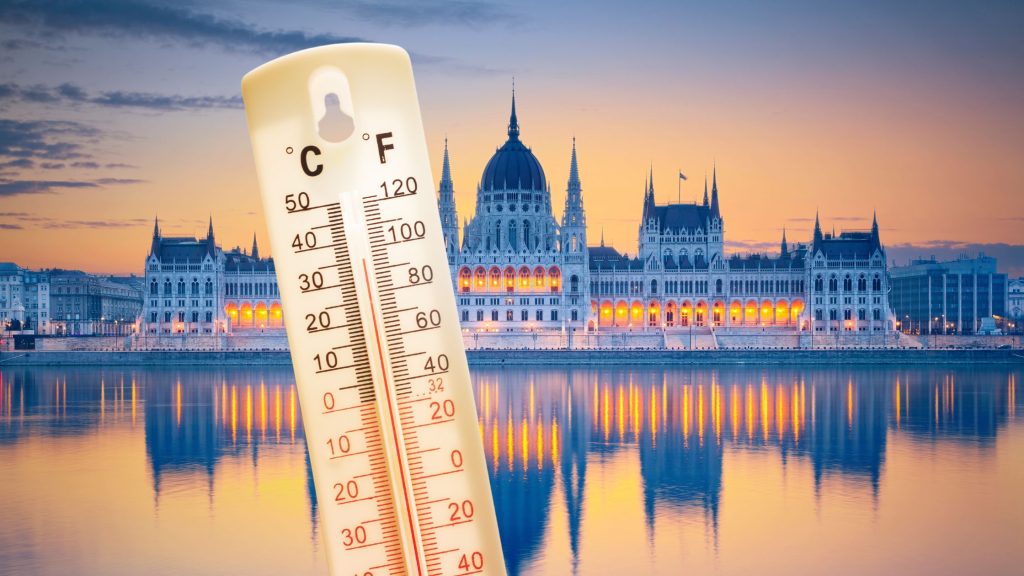Budapest parliament with thermometer overlay showing extreme summer heat during a Hungary heatwave
