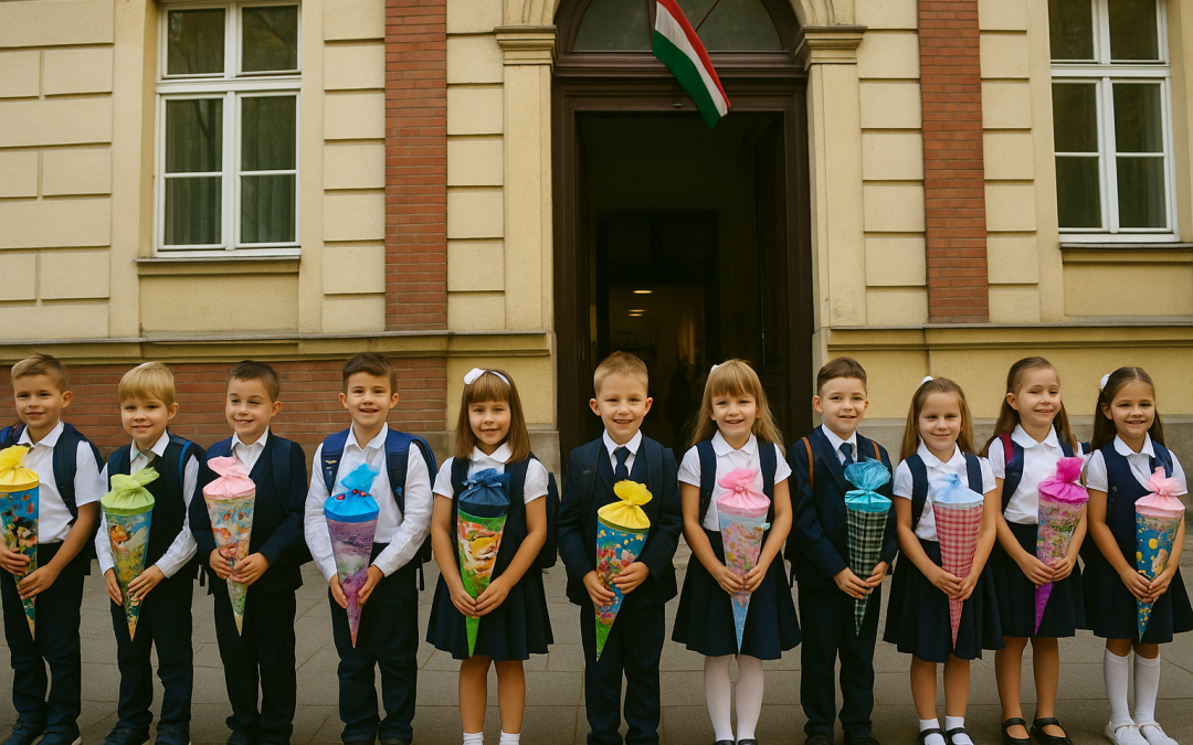 Hungarian Year-One pupils outside a Budapest primary school on opening morning, holding cones of sweets