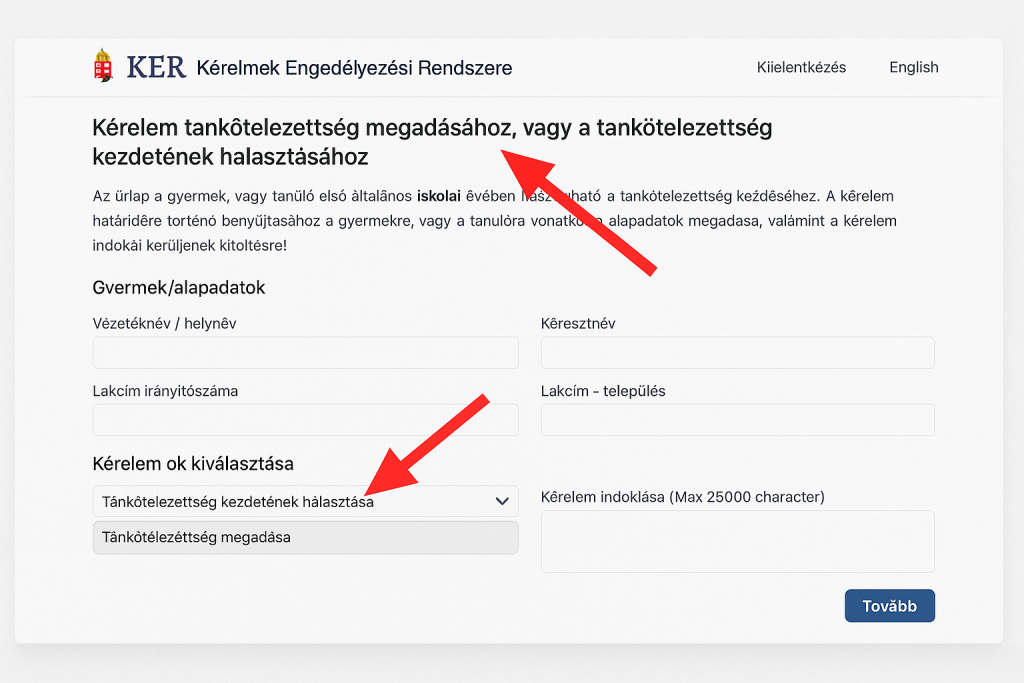 Screenshot of the KER online form used to request deferral or early school start.