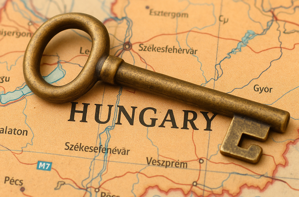 Antique house key placed over map of Hungary – buying property under new 2025 laws