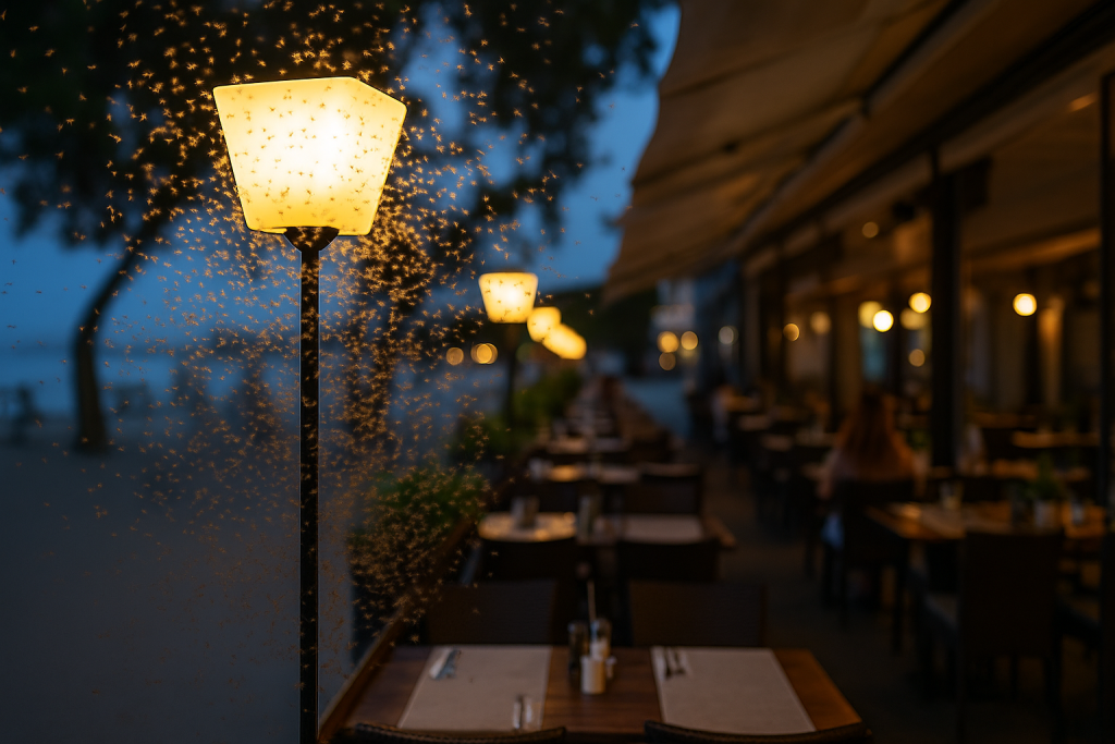 Siófok café terrace covered by orphan mosquitoes during 2025 invasion