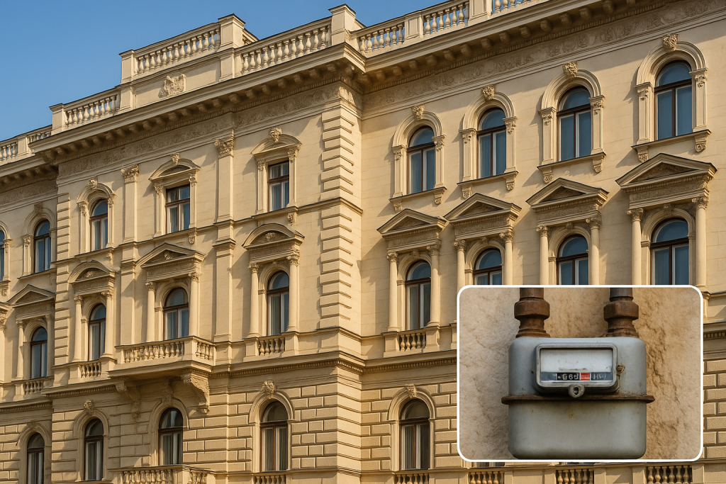Ornate cream-coloured 19th-century apartment building in Budapest with an inset showing a close-up of a rusty metal gas meter