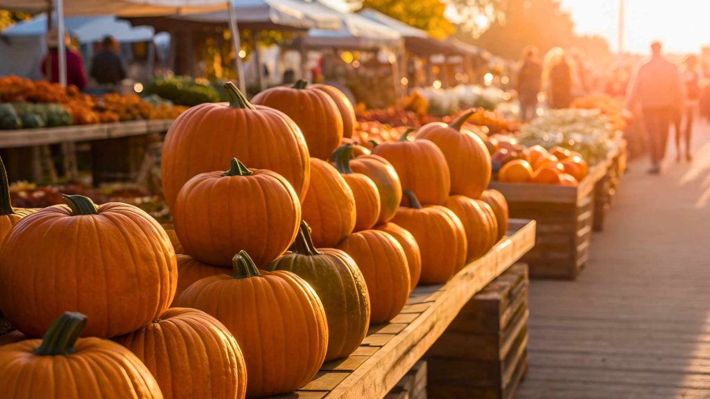 Pumpkins for sale at a Budapest market ahead of Halloween 2025.