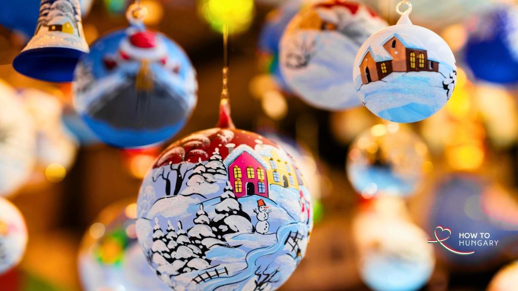 Hungarian Christmas crafts and traditional seasonal foods at Budapest market stall.