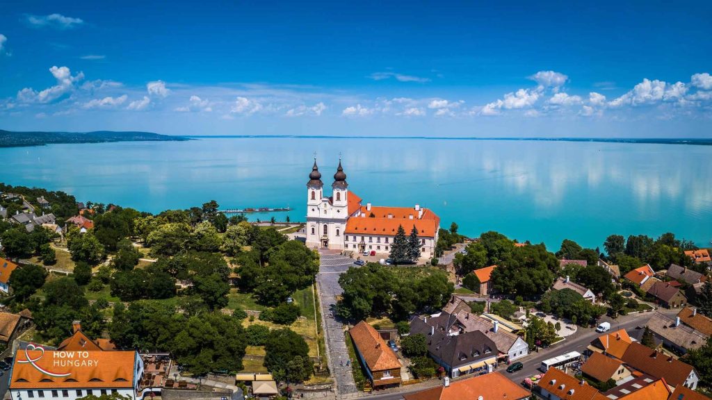Aerial view of Balatonfüred with residential homes along the shores of Lake Balaton