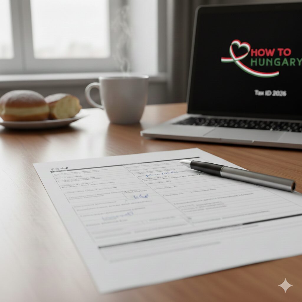 Hungarian 'T34 form on a desk with a pen and the How to Hungary logo, optimized for Tax ID Hungary 2026.