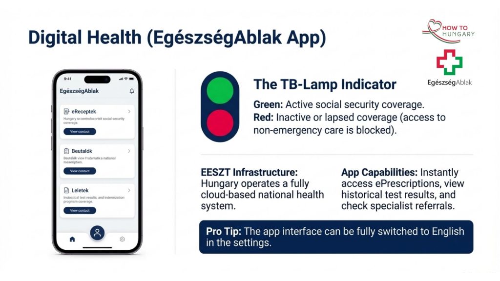 Egészségablak app interface showing digital health records and TB lamp status in Hungary