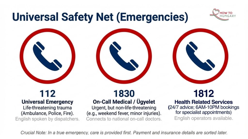 Emergency numbers in Hungary in English showing 112, 1830 and 1812 services