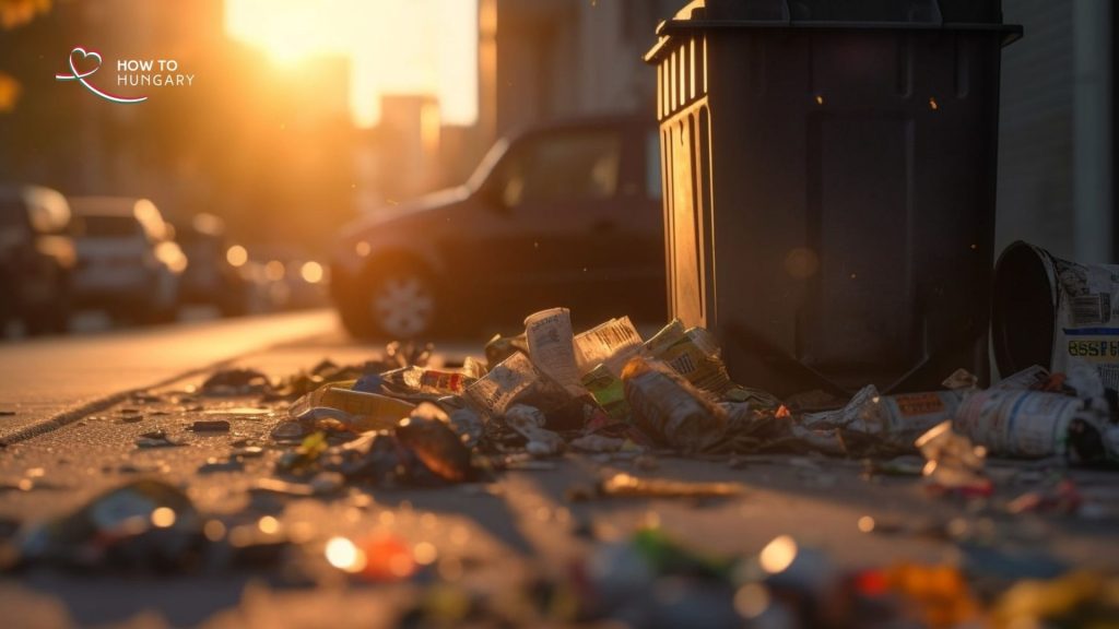 Bottles left beside public bin in Budapest for collectors using Hungary's bottle return system REpont