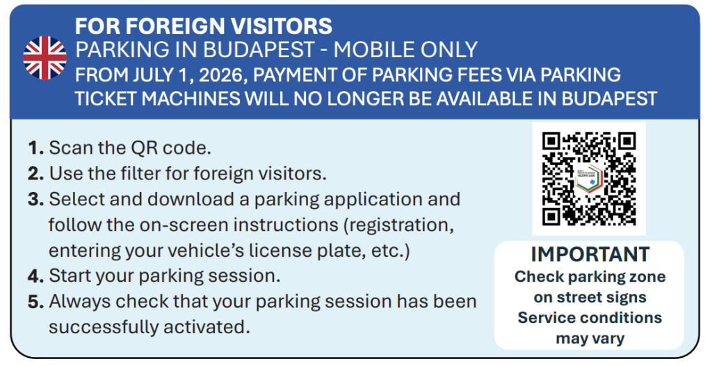 Foreign visitor guide explaining how to pay for parking in Budapest after parking ticket machines were removed on 1 July 2026.