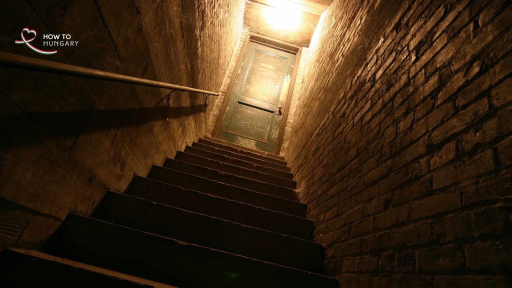 "Basement flat in Budapest: dim brick cellar staircase lit by a single bulb, with no natural light