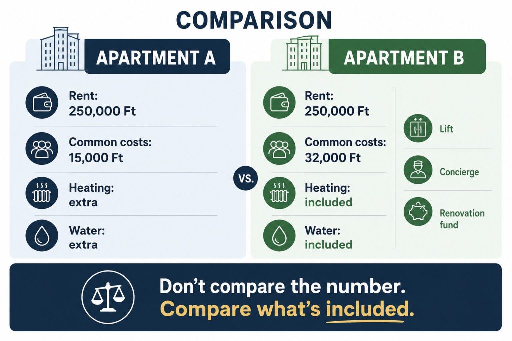 Közös költség comparison infographic showing two Hungarian apartments with the same rent but different common costs, highlighting that one includes heating, water, lift, concierge and a renovation fund, while the other charges these separately.