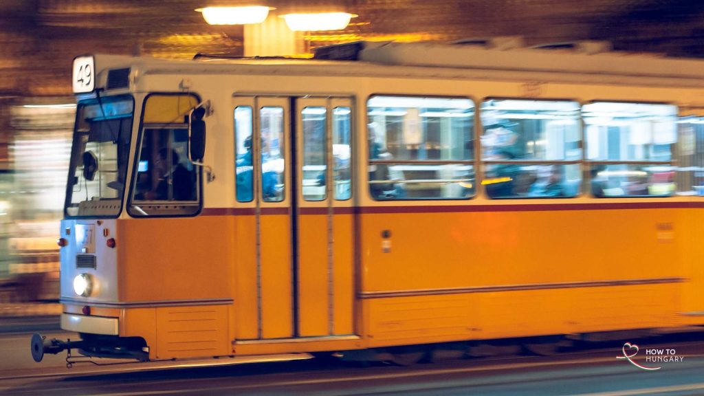 Late-night Budapest tram during the August 20 holiday timetable